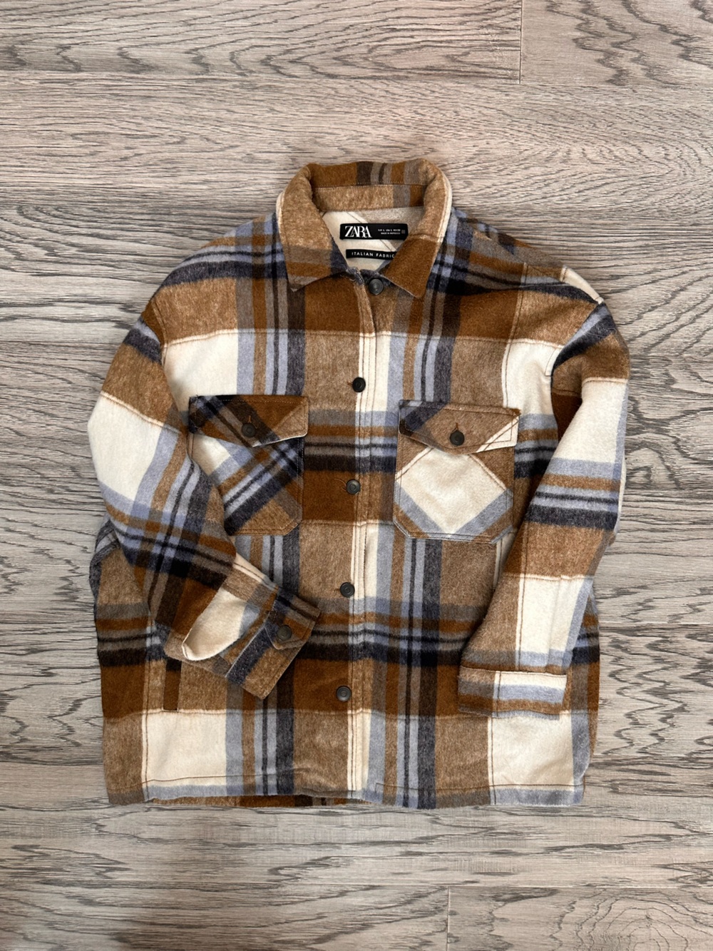 Zara Brown, Cream & Blue Plaid Button-Down Shirt Jacket